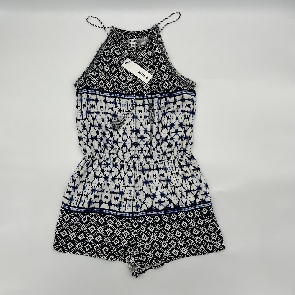 New BB Dakota Boho Tassel Romper Blue Geometric Multi Print Women's Size M NWT